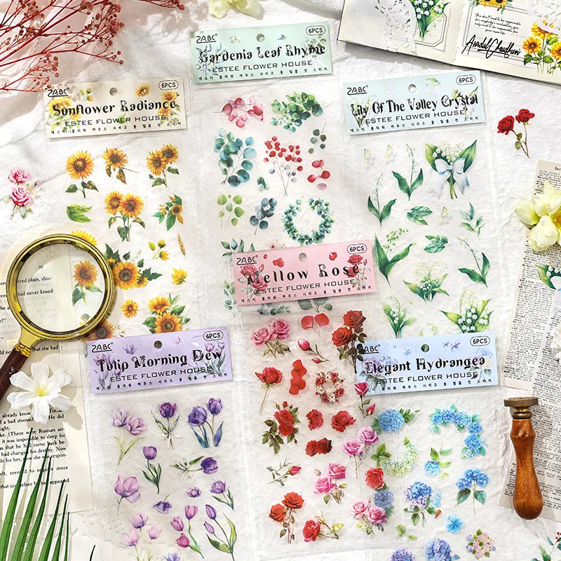 JIANQI 6pcs/pack Plant Flower Stickers PET Material DIY Scrapbooking Collage Junk Journal Planner Deco Stationery Sticker