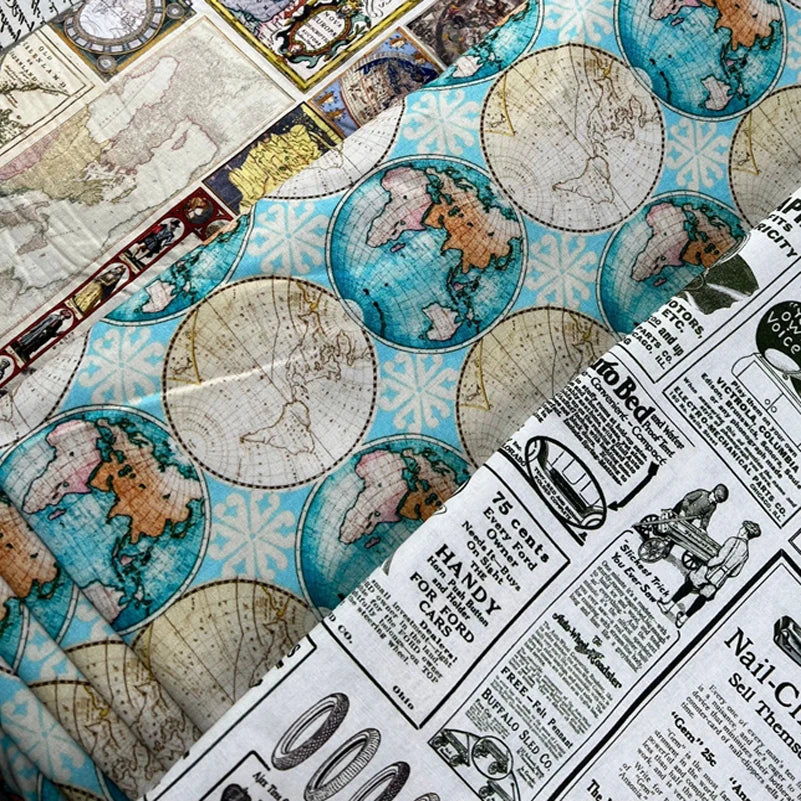 Newspaper Fabric Map Retro Vintage Digital Printed for Handmade DIY Sewing Accessories