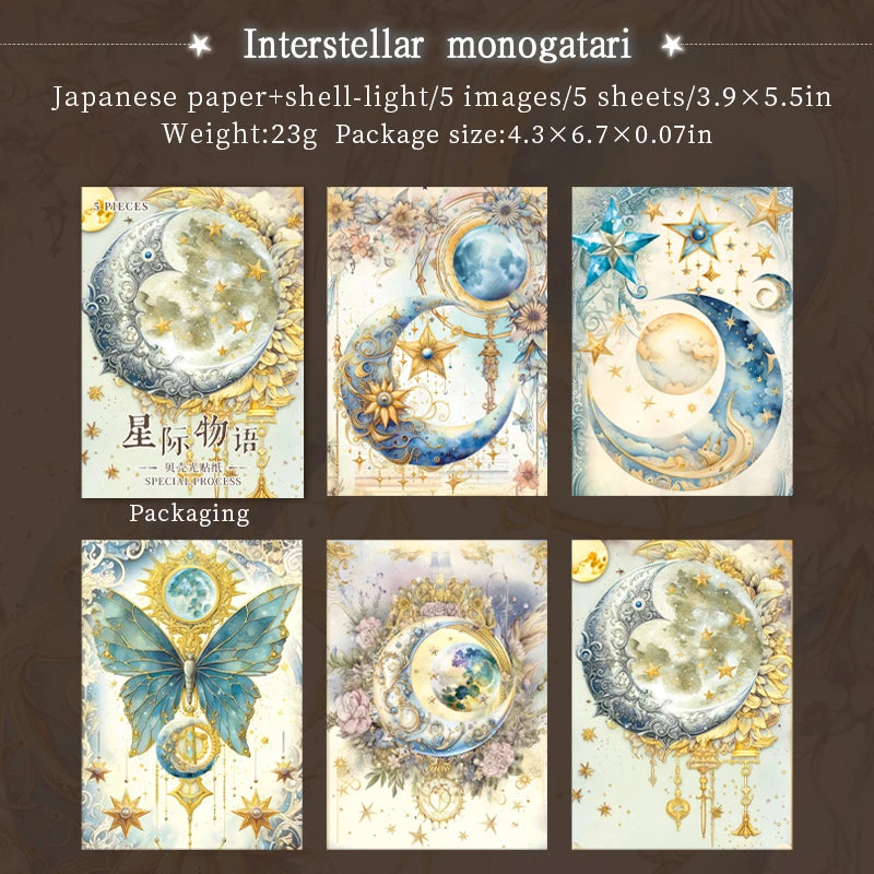 JIANQI 5 Pcs Stars and Moon Stickers Transparent Decorative Decals For Scrapbooking Stick Labels Junk Journal Supplies