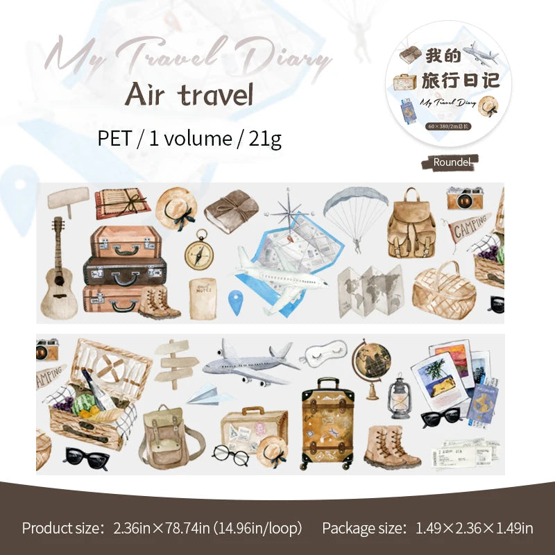 60mm*2m 1pc PET Travel supplies Tape Creativity Scrapbooking Junk Journal Creative Stationery DIY Deco Stickers School Supplies