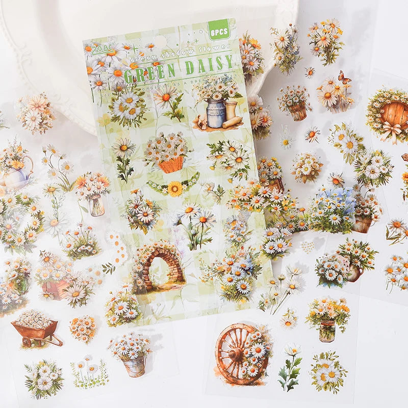 JIANQI 6 Sheets Flowers Stickers Die cutting PET Material DIY Scrapbooking Art Collage Stationery Planner Decor Diary Stickers