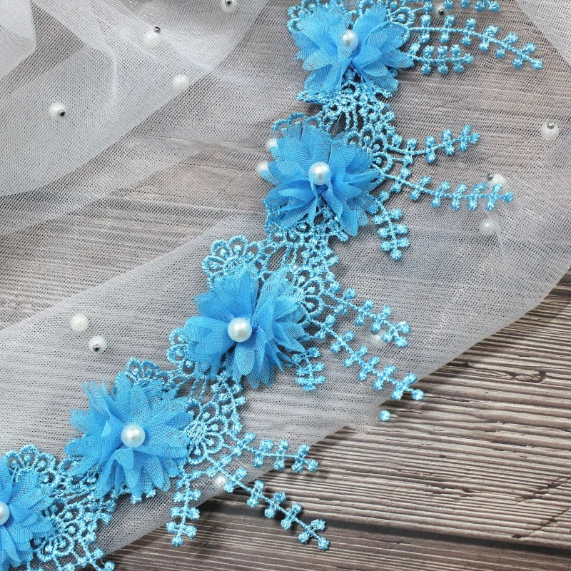 1 Yard Multi-Color Exquisite Rose Lace Fabrics Flower Pearl Wedding Party Decoration Sewing Lace Ribbon DIY Craft 8.5CM Wide