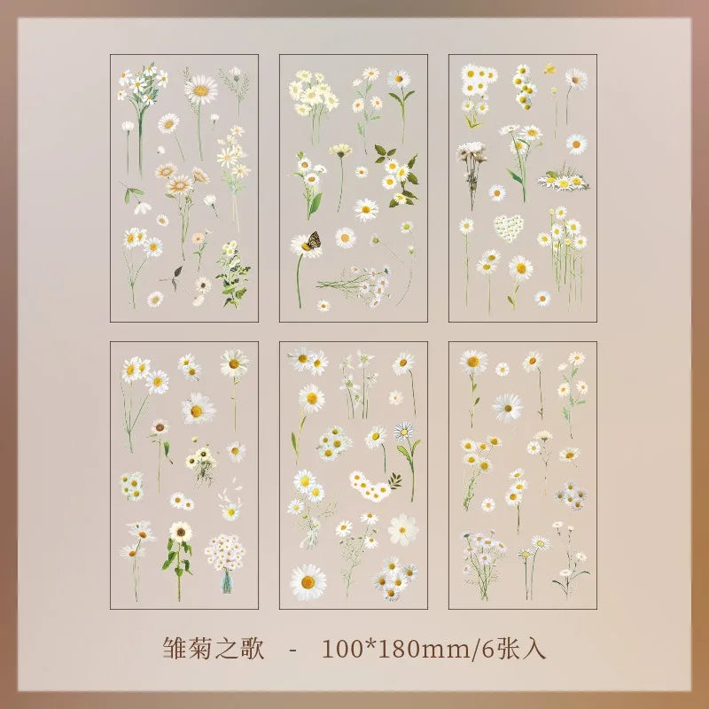JIANQI 6pcs/pack Transparent PET Stickers Scrapbooking Materials DIY Junk Journal Collage Floral Leaves Plants Decor Stickers