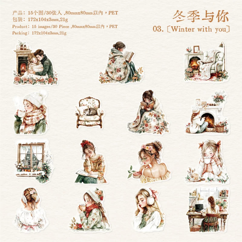 JIANQI 30 pcs PET Large size Stickers Lover Love Decorative handmade Scrapbooking Material Diary Album Craft Supplies