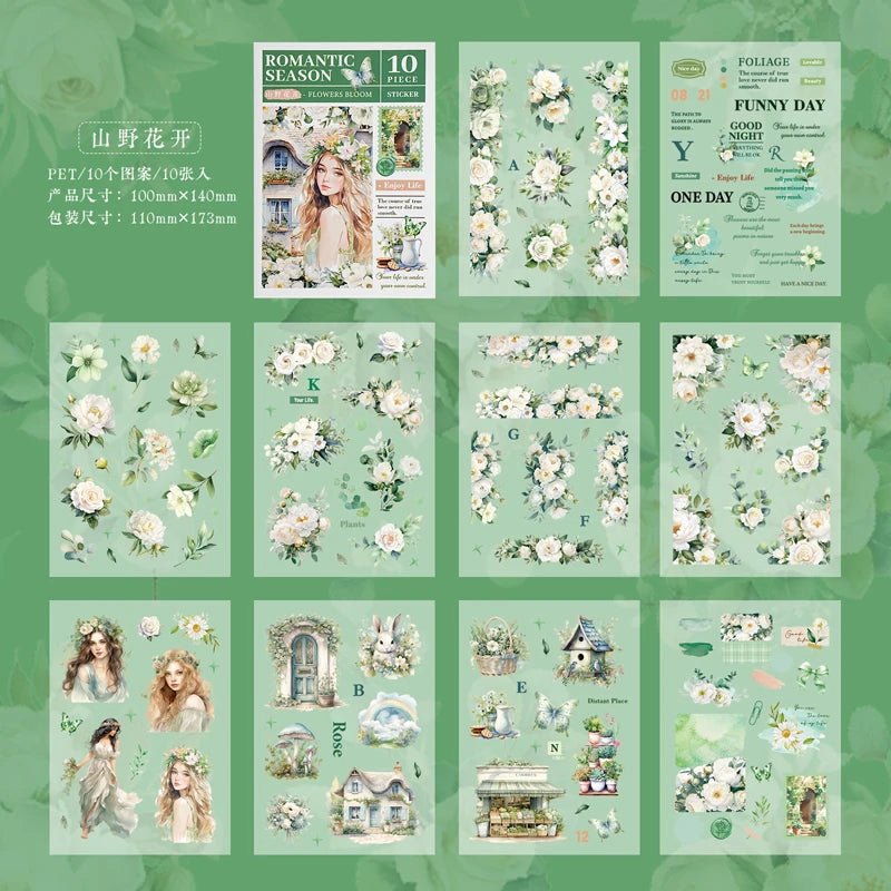JIANQI 10 pcs PET Die cut Stickers book Romantic plants flowers Decor handmade Craft Material Diary Album Scrapbooking Supplies