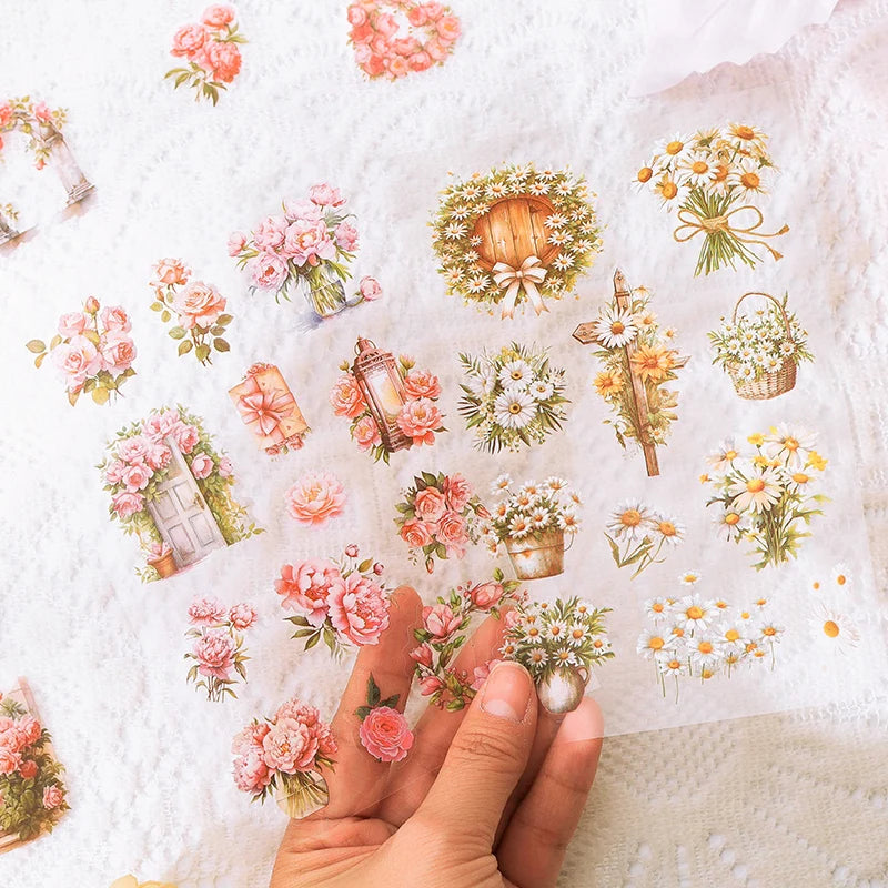 JIANQI 6 Sheets Flowers Stickers Die cutting PET Material DIY Scrapbooking Art Collage Stationery Planner Decor Diary Stickers