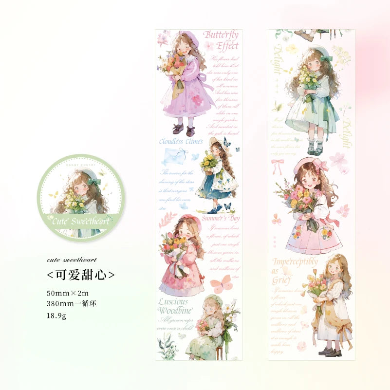 JIANQI 50mm*2m Scrapbook Decor Adhesive Tape Heartbeat Flower Shop Tapes Masking Tapes stickers Aesthetic Stationery Supplies