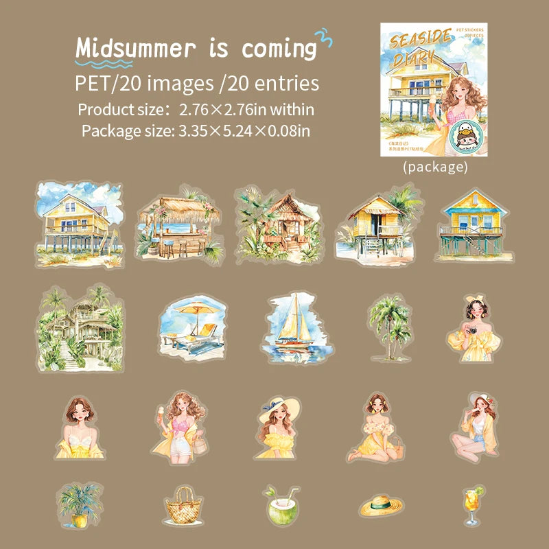 JIANQI 20pcs/pack Seaside girl PET Stickers DIY Scrapbooking Decor Photo Album Creative Stationery Collage Materials Stickers