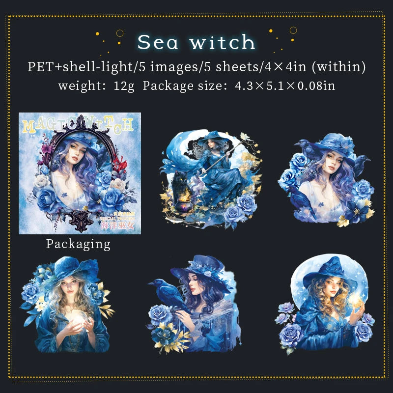 JIANQI 5 pcs Flash laser Magic Witch Stickers pack Adhesive Diy Diary Album Scrapbooking material junk journal supplies