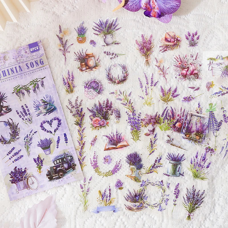 JIANQI 6 Sheets Flowers Stickers Die cutting PET Material DIY Scrapbooking Art Collage Stationery Planner Decor Diary Stickers