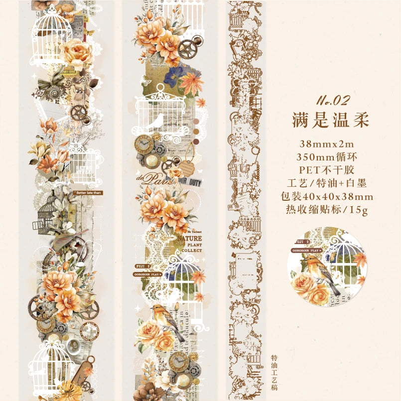 JIANQI 38mm*2m Retro Lace flower PET Tapes DIY Scrapbooking Collage Stationery Decor Journalling Materials Ins Adhesive Stickers