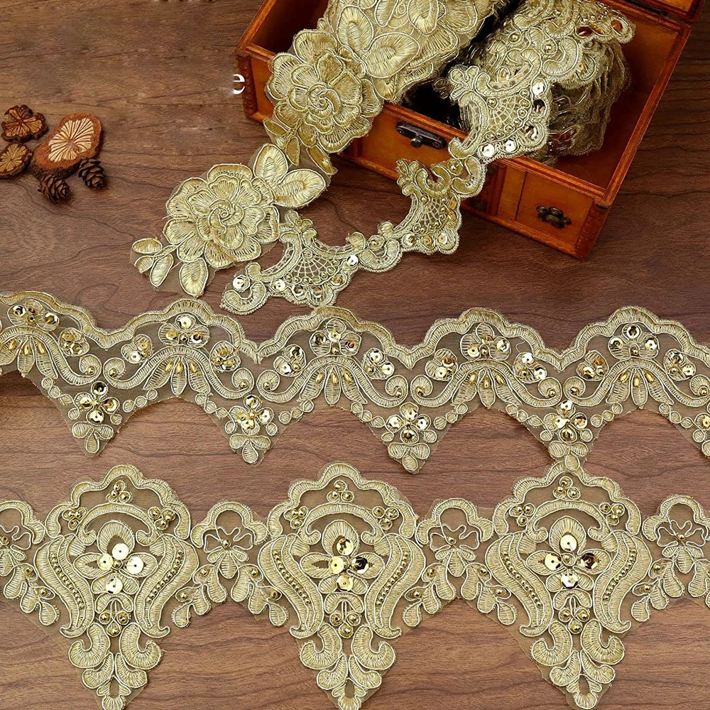1Yard Gold Sequin Beaded Lace Trim Ribbon Vintage DIY Craft Edging Lace Embroidered