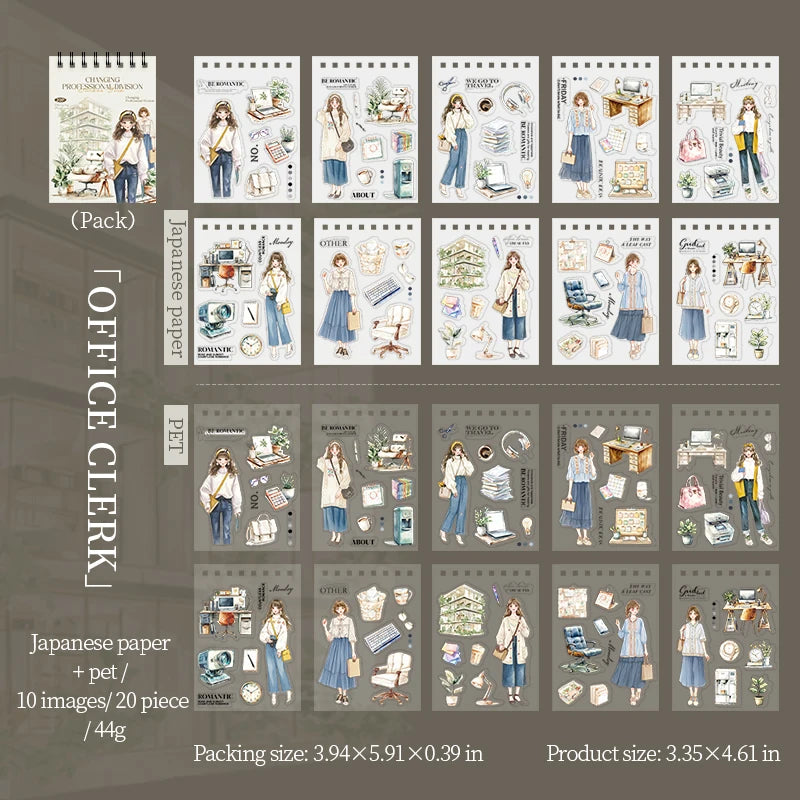 JIANQI 20pcs Career Girls series PET+Washi dual material die-cutting sticker book DIY scrapbook background decoration stickers