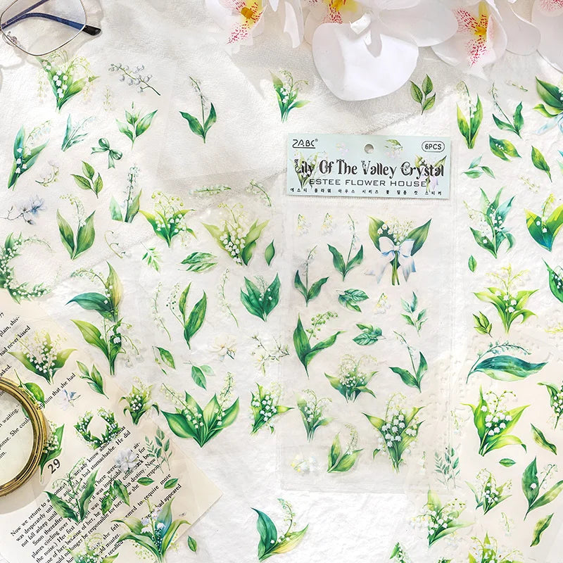JIANQI 6pcs/pack Plant Flower Stickers PET Material DIY Scrapbooking Collage Junk Journal Planner Deco Stationery Sticker