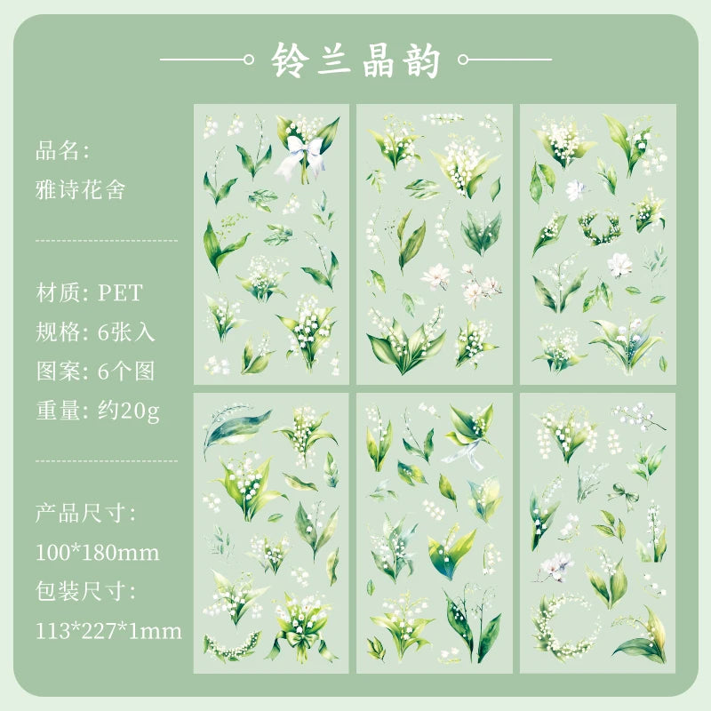 JIANQI 6pcs/pack Plant Flower Stickers PET Material DIY Scrapbooking Collage Junk Journal Planner Deco Stationery Sticker