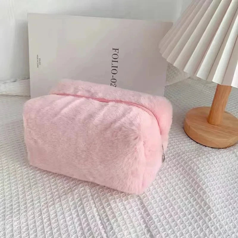 Zipper Large Solid Color Cosmetic Bag Cute Fur Makeup Bag for Women Travel Make Up Toiletry Bag Washing Pouch Plush Pen Pouch