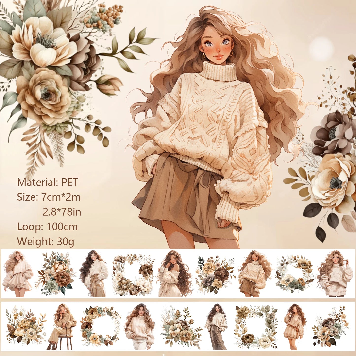 JIANQI 70mm*2m PET Flower Girl Tape DIY Scrapbooking Decor Photo Album Collage Junk Journal Materials Planner Aesthetic Tapes