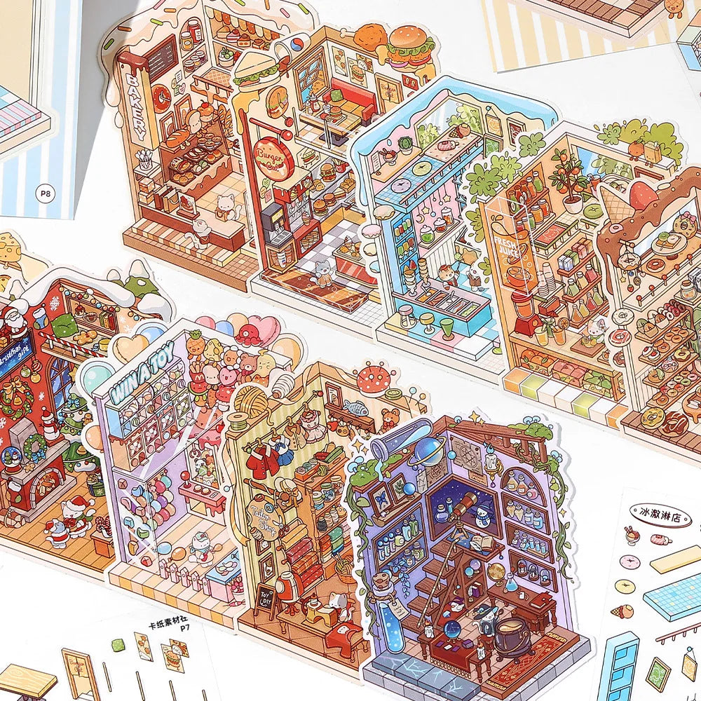 JIANQI 5in1 13Pcs 2.5D Landscape Sticker Cartoon Cabin Scene DIY Sticker Stacking Pasting Festival Birthday Gift for Kid Child