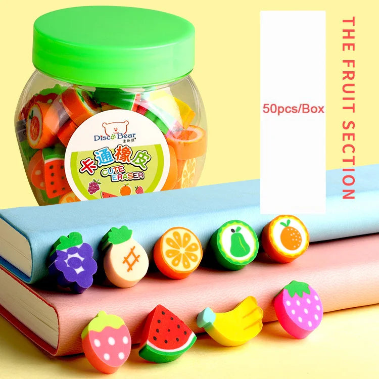 50pcs Cute Rubber Eraser Creative Animal Fruit Pencil Erasers Mini Kawaii Kids Writing Student Stationery Correction Supplies