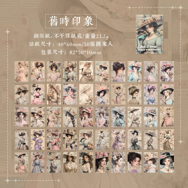 JIANQI 50pcs Ins Style Retro girl Series Frame Sticker Creative Mini Pocket Decoration DIY Material Stickers