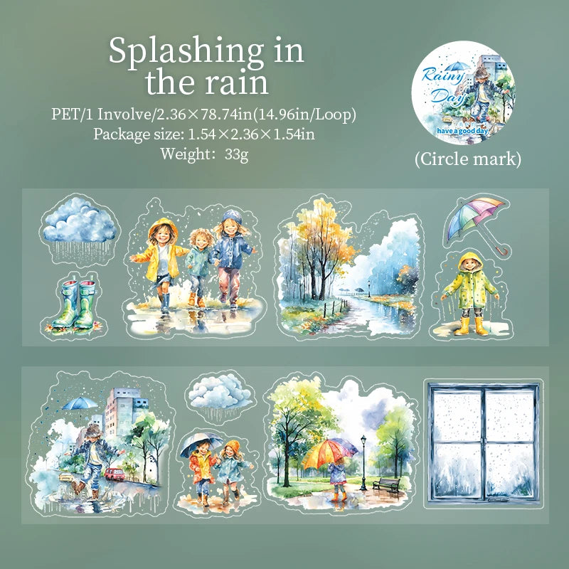 JIANQI 60mm*2m Transparent PET Rainy days Tapes DIY Scrapbook Decor Photo Album Collage Journalling Materials Aesthetics Sticker