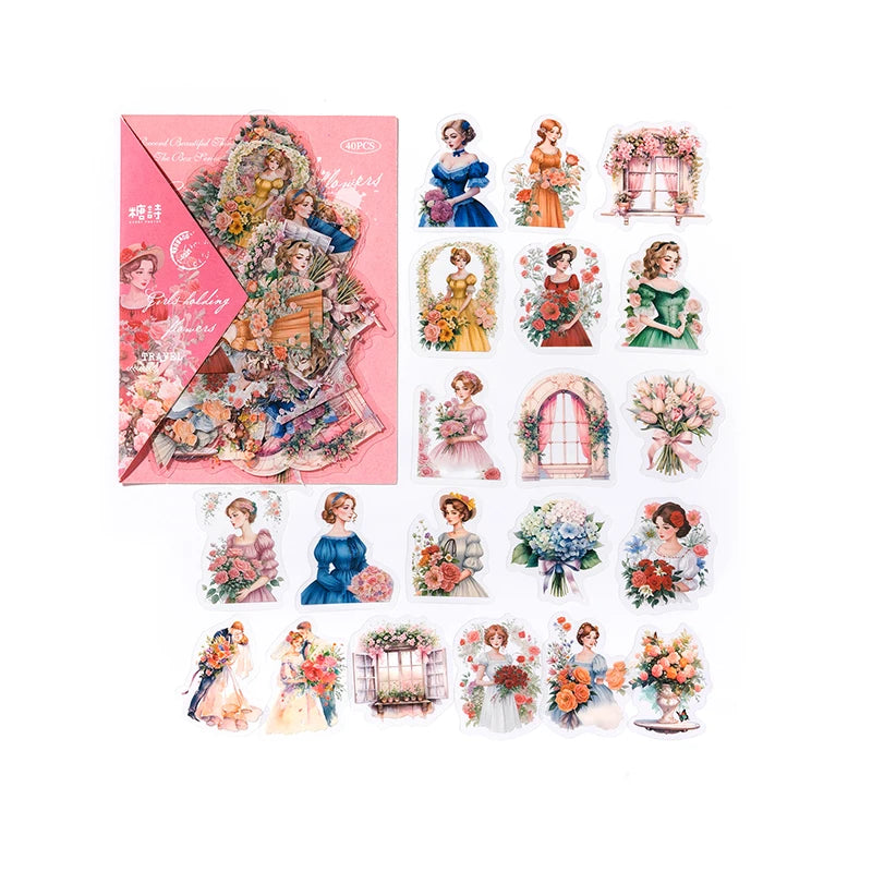 JIANQI 40 pcs Retro Plants and Flowers PET material Decorative sticker Diary Album Scrapbooking material Junk Journal Supplies