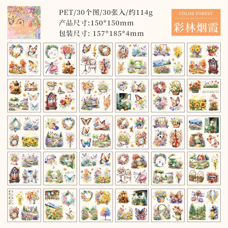 JIANQI 30 PCS square PET Stickers book Plants Flowers Scenery Decor handmade Scrapbooking Material Diary Album Craft Supplies