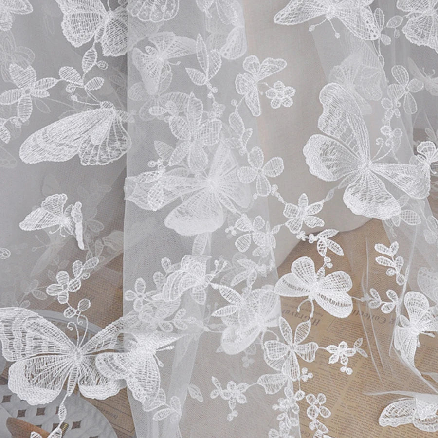 1 Yard Black and White Butterfly Flower Embroidery Lace Chiffon Fabric Clothing Wedding Dress DIY Craft Decoration 150CM