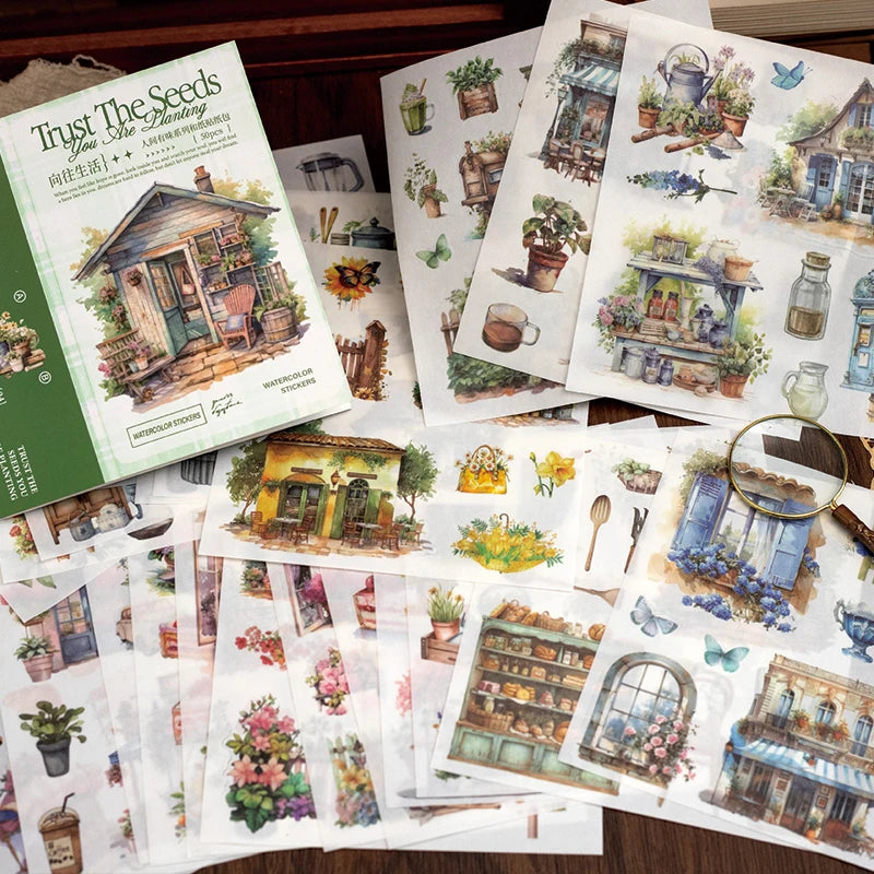 JIANQI 50pcs/book Light Retro Floral Plant Stickers Beautiful scenery Theme Double Material Handbook Backing Decal Stationery