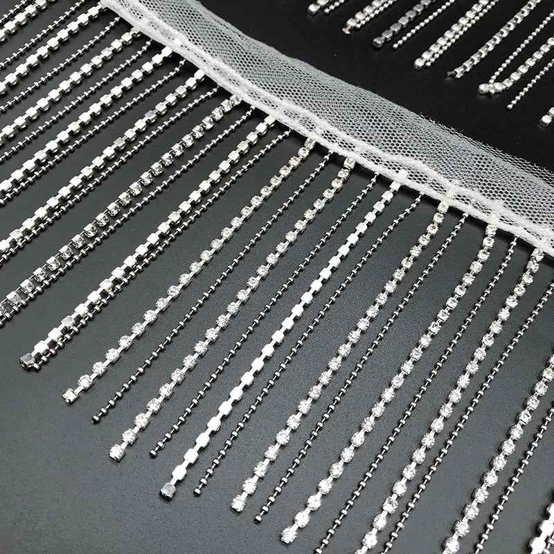 1Yard Black and White Rhinestone Crystal Chain Lace Handmade Tassel Fabric Border Metal Chain Bead 9CM Wide