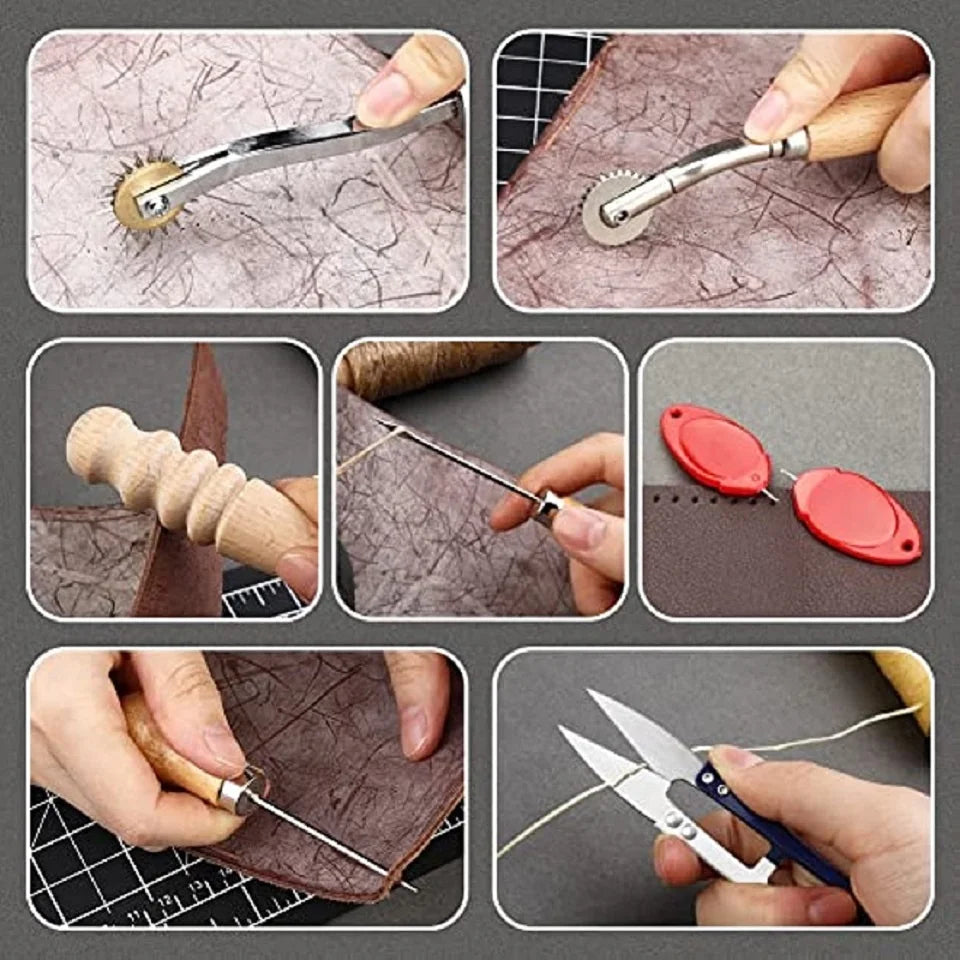 52Pcs/set Leather Sewing Tools Kit DIY Leather Craft Tools Hand Stitching Tool Set with Groover Awl Waxed Thread Thimble