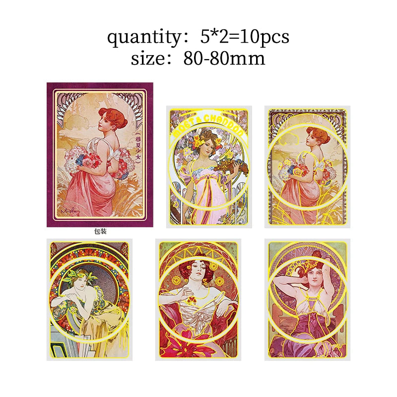 10 pcs Mucha theme Stickers pack Diy Decorative Scrapbooking Diary Album Stationery Collage material junk journal supplies
