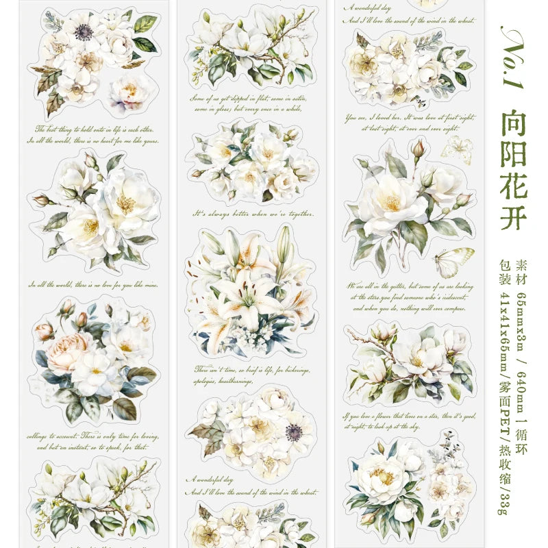 JIANQI 65mm*3m Flowers Tapes Waterproof PET Aesthetic Stationery DIY Scrapbooking Collage Junk Journal Craft Decor Tapes