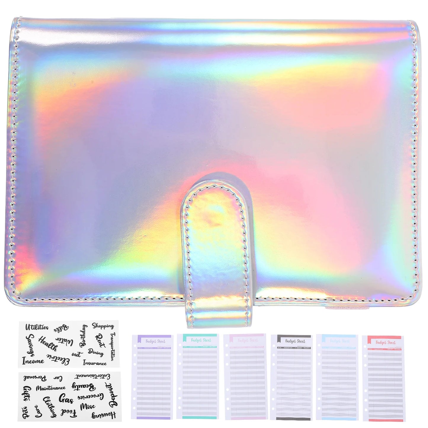 1 set A6 Budget Binder Set Silver Cover 12 Sheets 8 Zipper Pockets 2 Stickers Lightweight Notebook Storage for Home Office