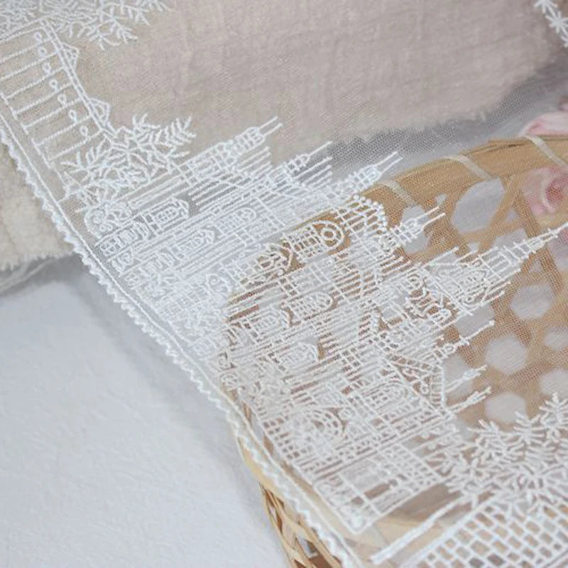 1 Yard Black White Castle Embroidered Tulle Mesh Lace Fabric Wedding Dress Curtains Sewing Accessories17.3CM Wide
