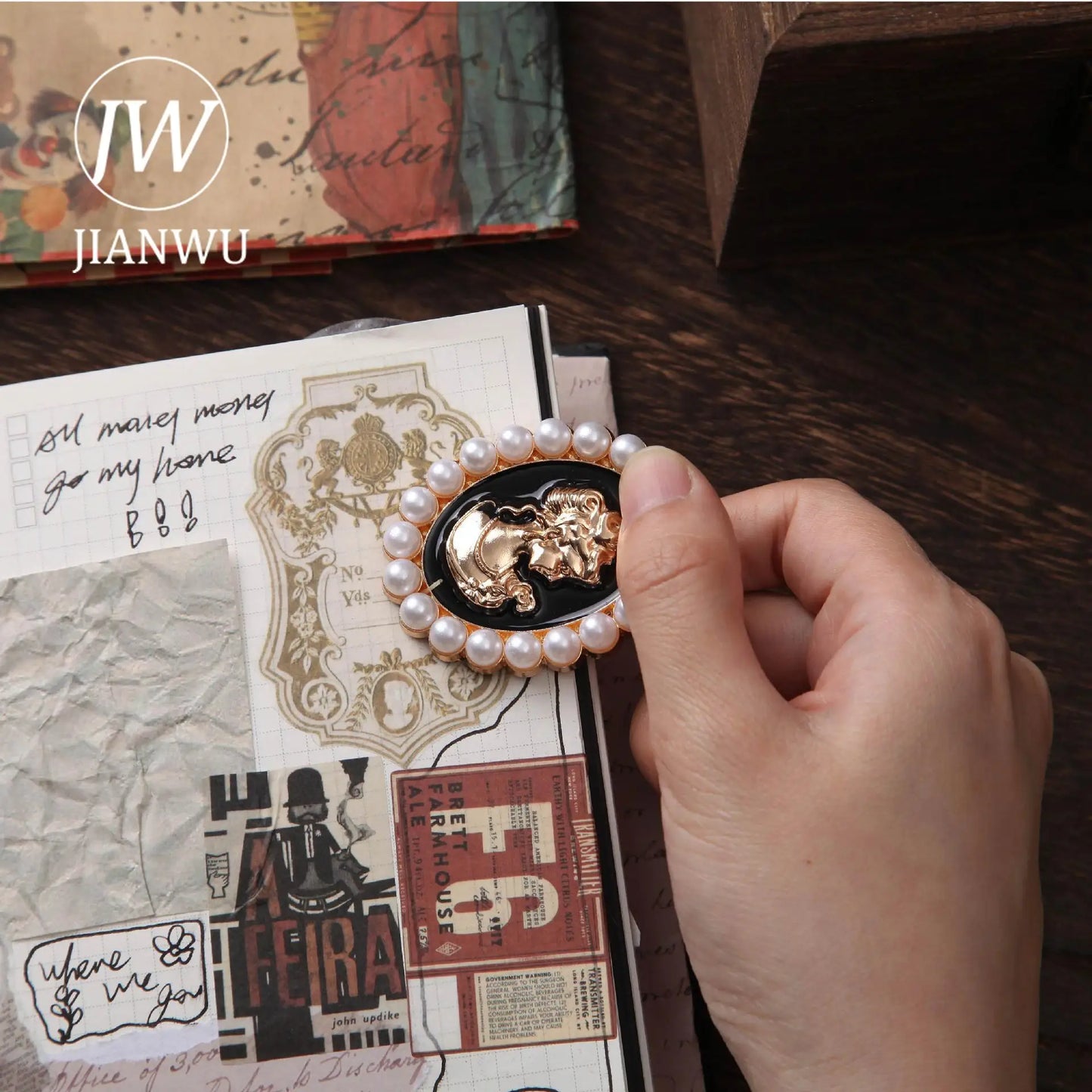 JIANWU Camellia Beauty Series Vintage Pearl Flower Landscaping Material Metal Clip Creative DIY Journal Stationery