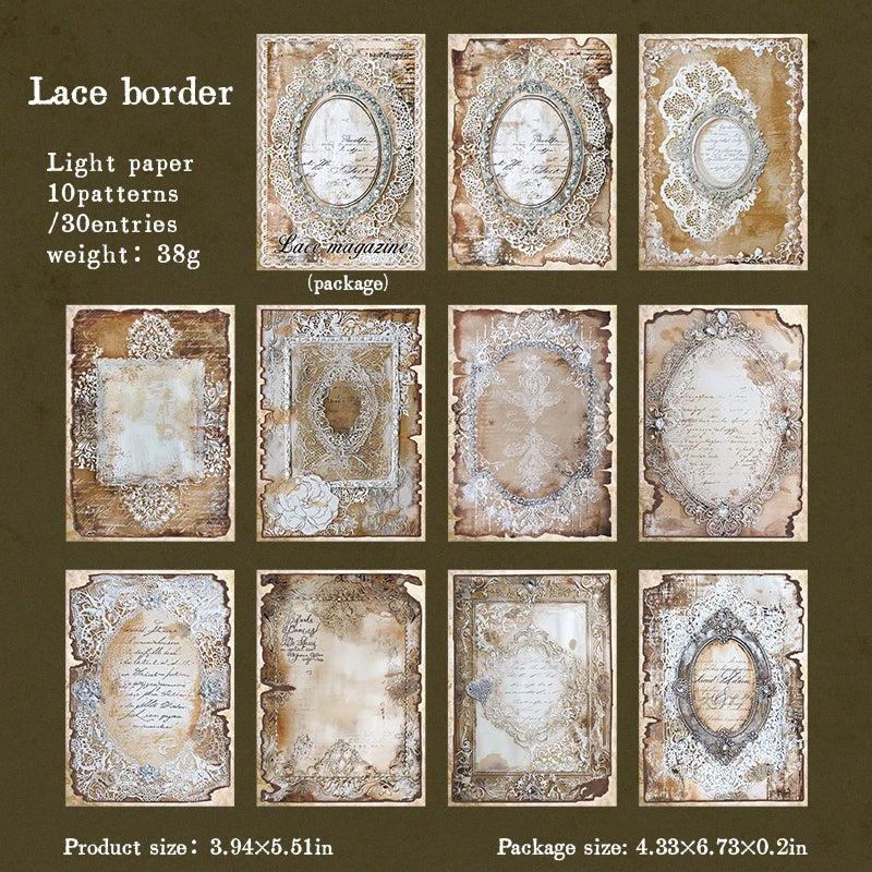 30pcs Vintage Art paper Materials Lace paper Scrapbook Materials DIY Photo Album Collage Journal Creative Stationery paper