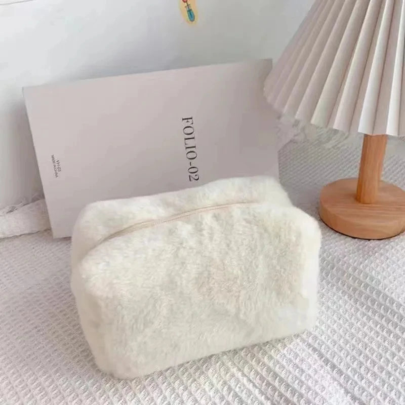 Zipper Large Solid Color Cosmetic Bag Cute Fur Makeup Bag for Women Travel Make Up Toiletry Bag Washing Pouch Plush Pen Pouch