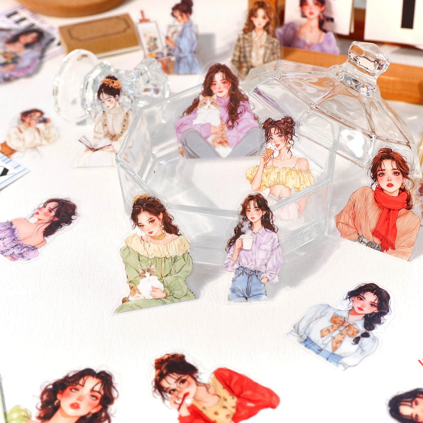 JIANQI 40 Pcs Large size Beautiful Girl Stickers hand tent DIY Stick Labels Scrapbooking Material Junk Journal Supplies
