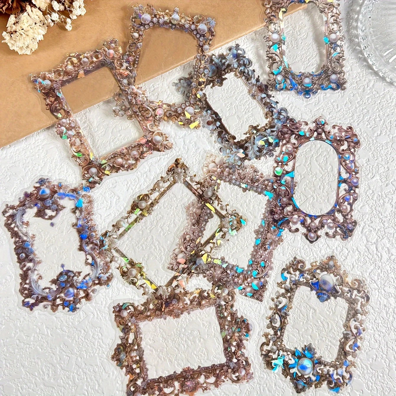 10 Pcs/Pack Floral Frame Stickers Adhesive Materials DIY Scrapbooking Decor Junk Journal Collage Stationery Diary Sticker