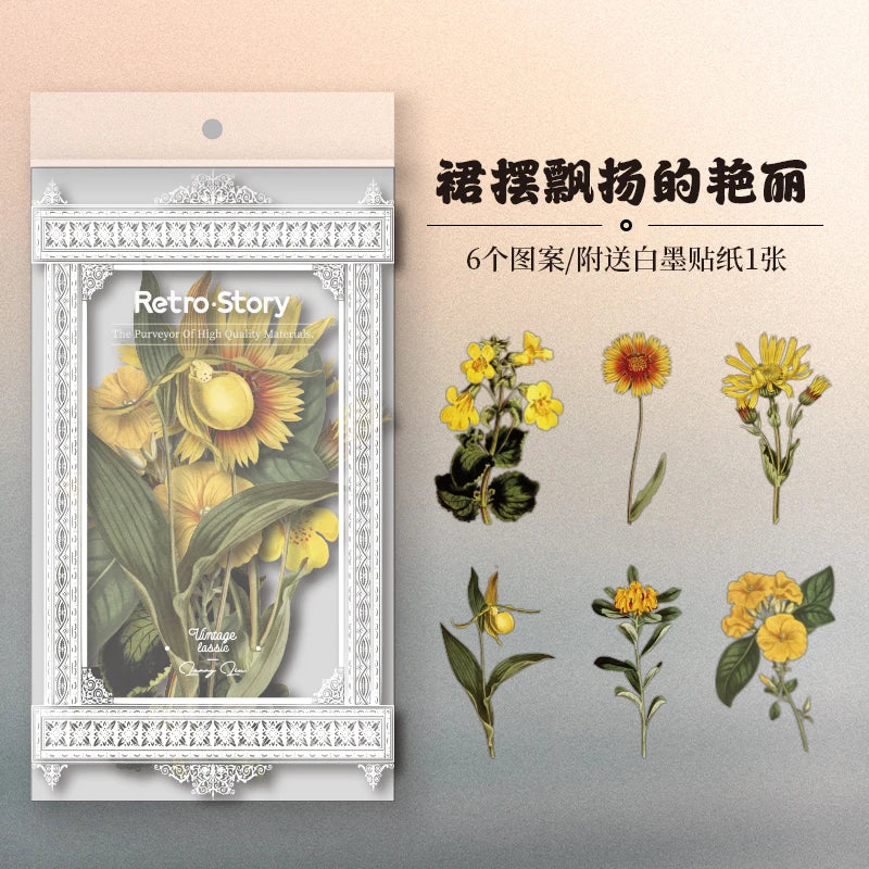 6pcs Large size Plant Flowers PET Stickers aesthetic Stick Labels Decorative Scrapbooking Collage material junk journal supplies