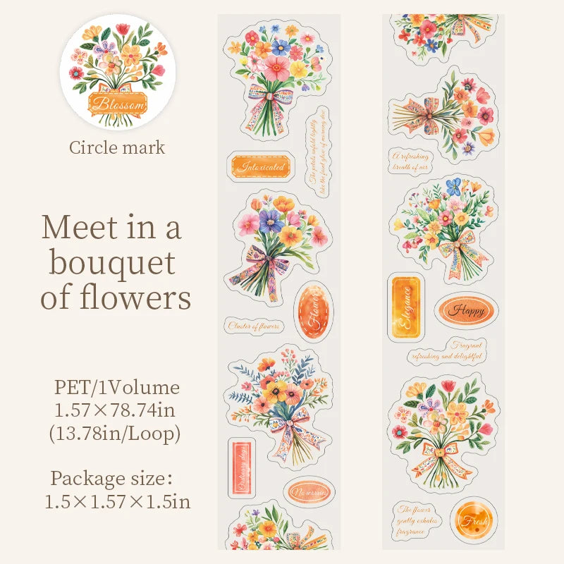 1 roll Flowers in full bloom PET Decorate Adhesive Tape Retro Plant Masking Washi Tape Scrapbooking Stickers Label Stationery