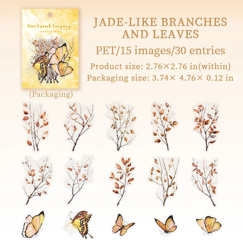 30pcs Butterfly branches leaves stickers PET Materials Collage Junk Journal DIY Scrapbooking Supplies Aesthetics Decor Sticker