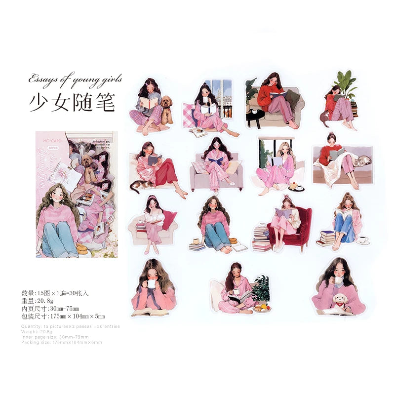 JIANQI 30 pcs/pack Reading girl Stickers aesthetic Stick Labels Decorative Diary Album material Scrapbooking Supplies