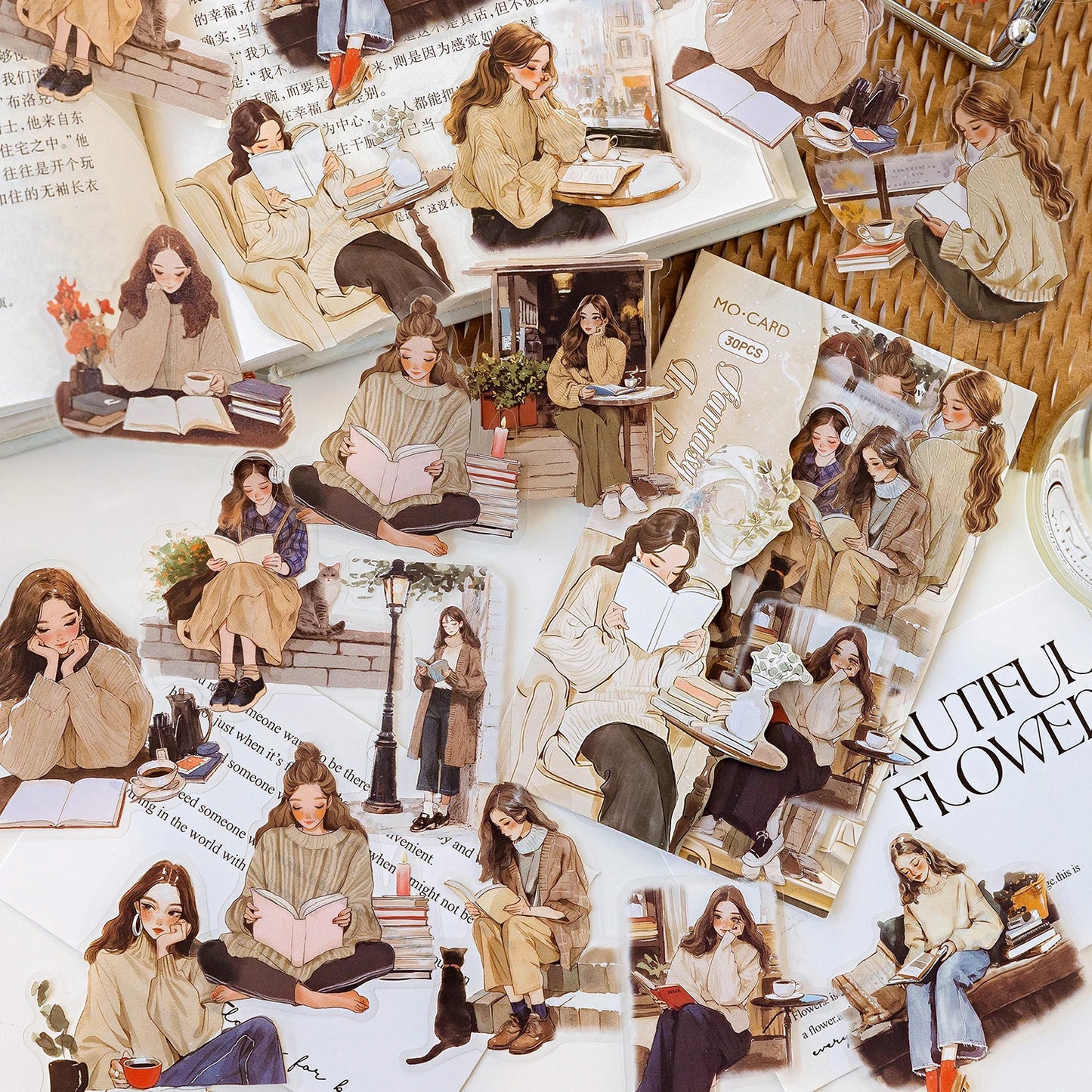 JIANQI 30 pcs/pack Reading girl Stickers aesthetic Stick Labels Decorative Diary Album material Scrapbooking Supplies