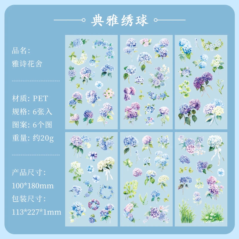 JIANQI 6pcs/pack Plant Flower Stickers PET Material DIY Scrapbooking Collage Junk Journal Planner Deco Stationery Sticker