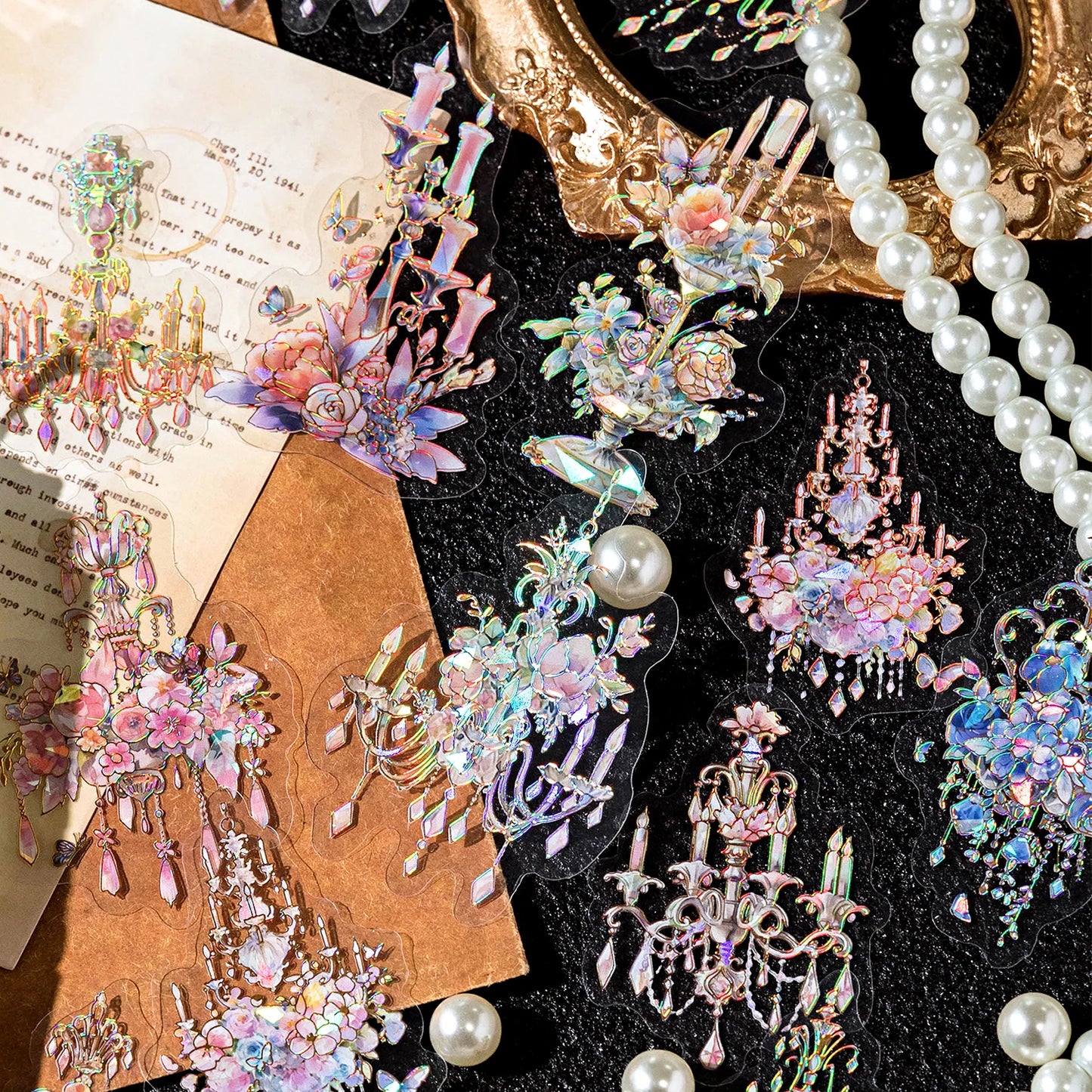 JIANQI 20pcs/pack Twinkle PET Stickers Gold Foil DIY Scrapbooking Planner Collage Stationery Aesthetics Decor Flower Stickers