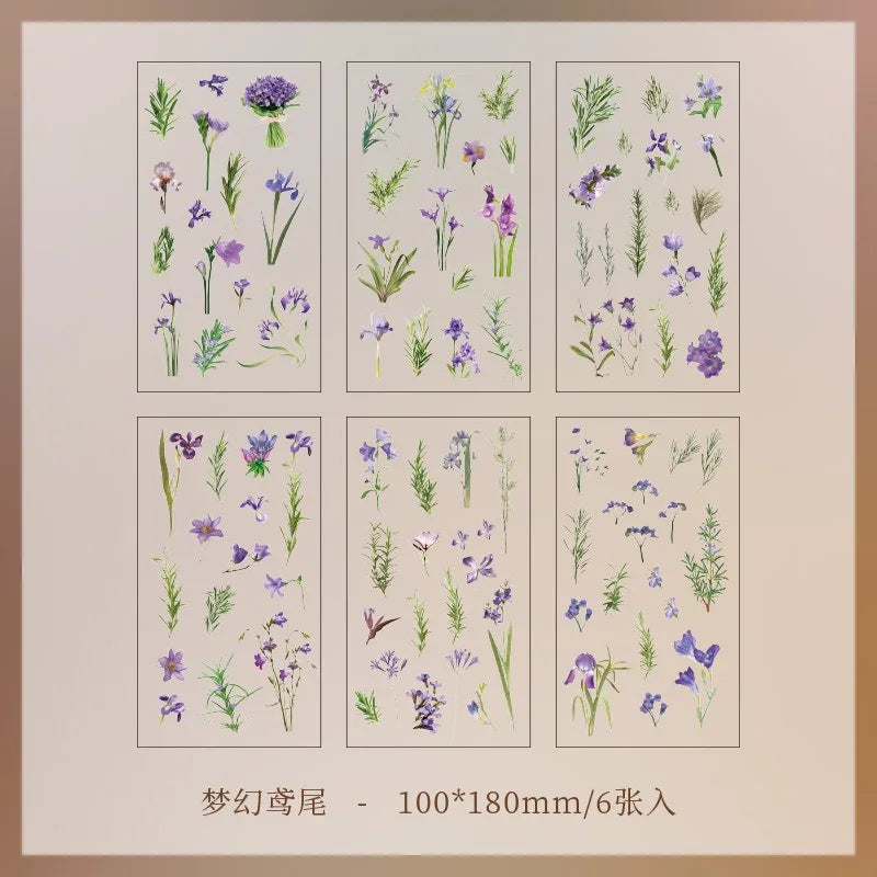 JIANQI 6pcs/pack Transparent PET Stickers Scrapbooking Materials DIY Junk Journal Collage Floral Leaves Plants Decor Stickers