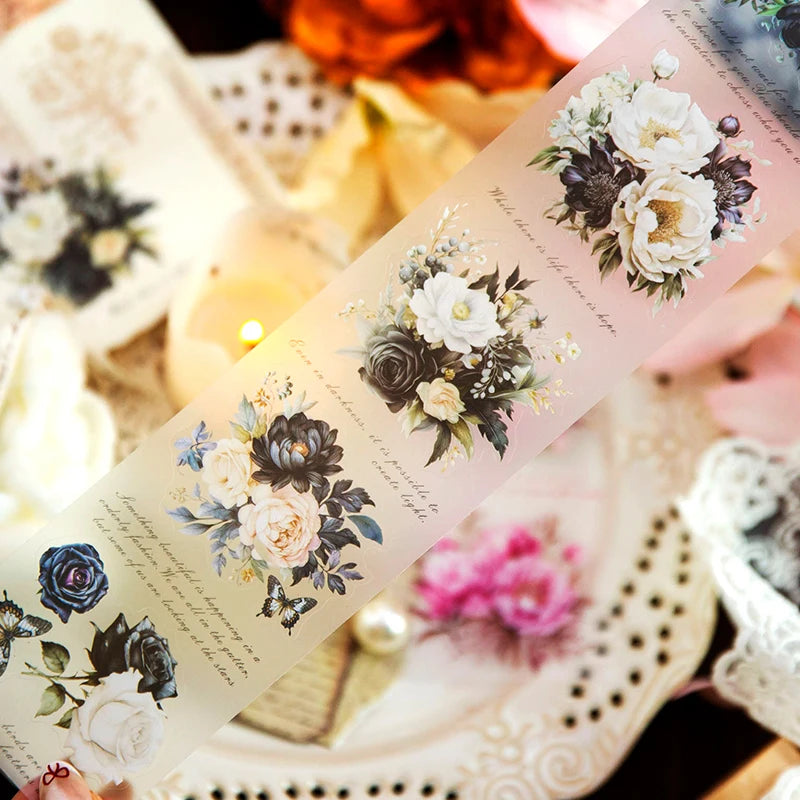JIANQI 65mm*3m Flowers Tapes Waterproof PET Aesthetic Stationery DIY Scrapbooking Collage Junk Journal Craft Decor Tapes