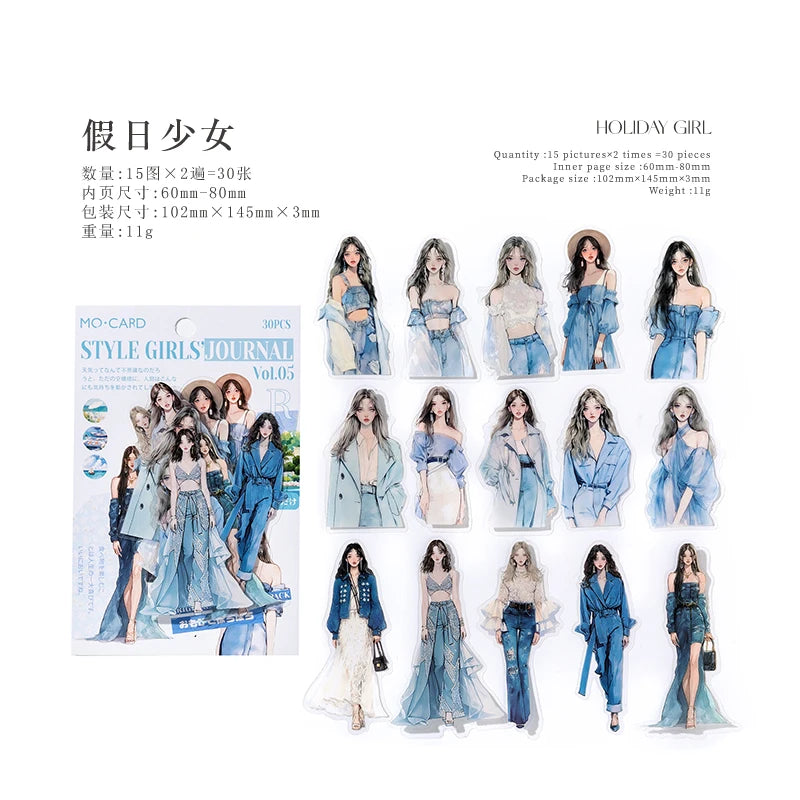 JIANQI 30pcs/pack PET Waterproof Stickers Fashion Girl Creative Scrapbooking Adhesive DIY Sticker Decor Junk Journal Supplies
